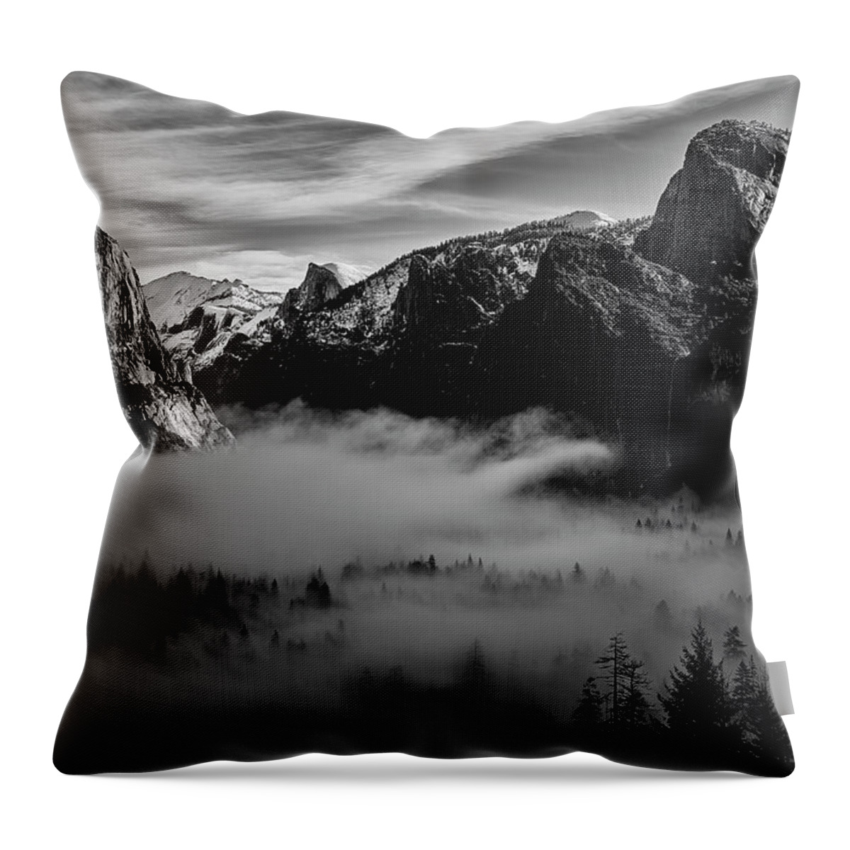 Black And White Throw Pillow featuring the photograph Fog in Yosemite by Jon Glaser