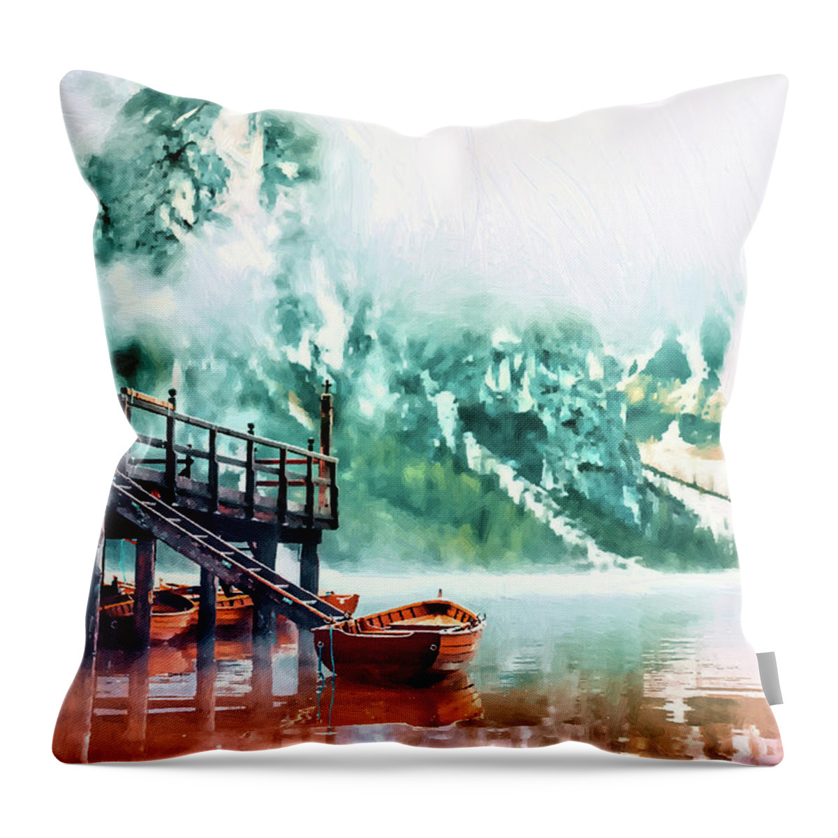 Landscape Throw Pillow featuring the painting Foggy Morning at Lago Di Braies Italy - DWP1721011 by Dean Wittle