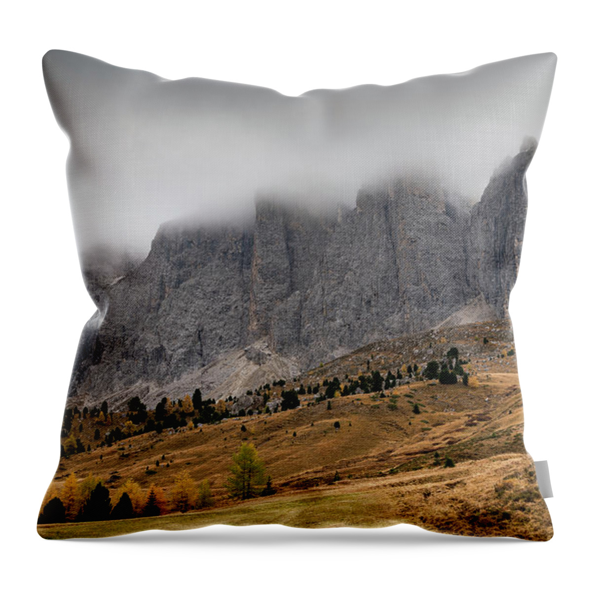 Mood Throw Pillow featuring the photograph Foggy mountain landscape of the picturesque Dolomites mountains by Michalakis Ppalis
