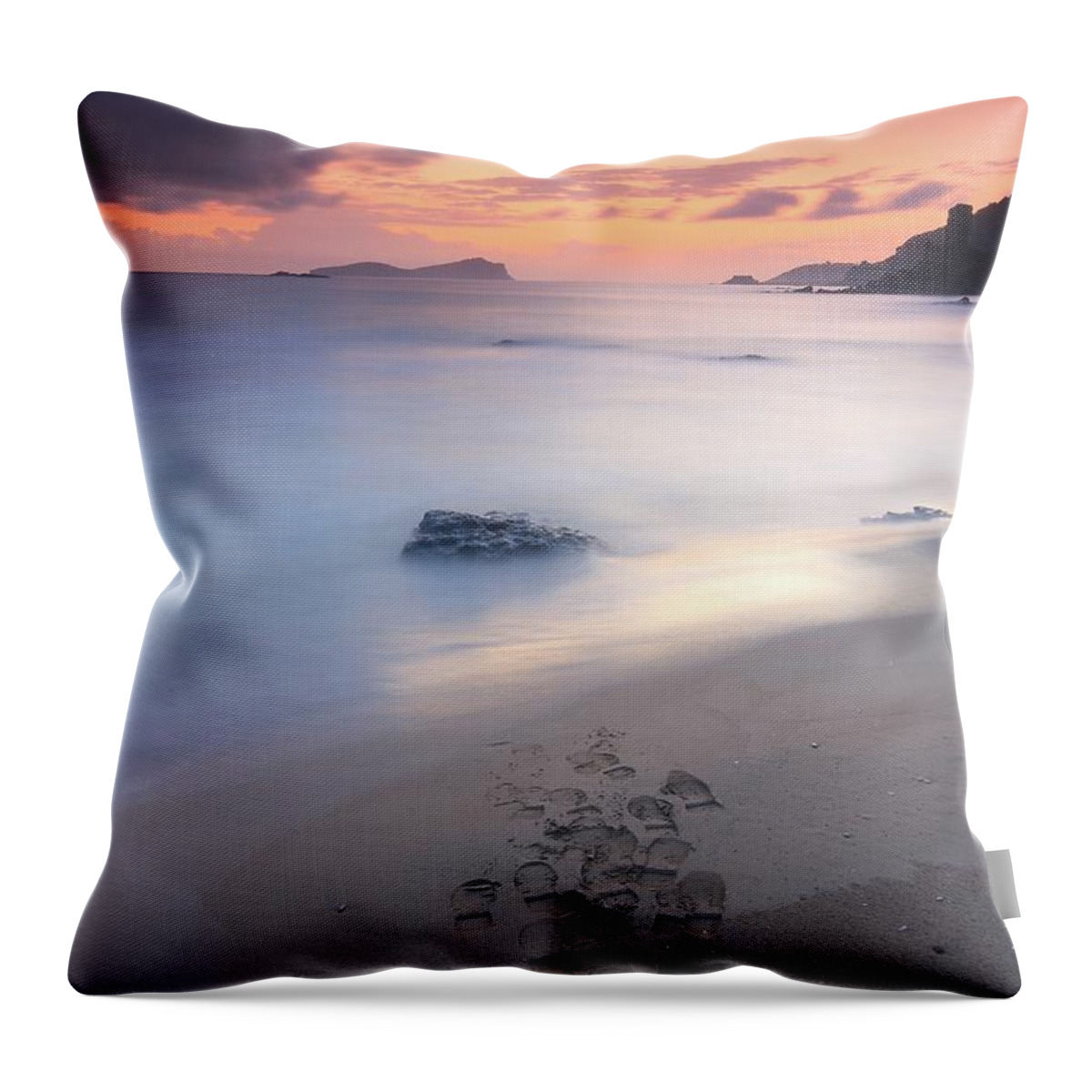 Outdoors Throw Pillow featuring the photograph Footprints On Beach At Sunset by Oscar Gonzalez