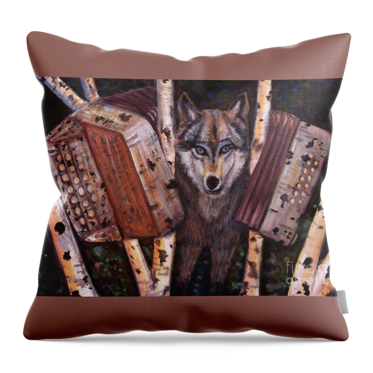 Wolf Throw Pillow featuring the painting Forest Music by Linda Markwardt