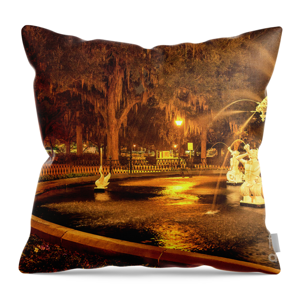 Photography Throw Pillow featuring the photograph Fountain At Night, Forsyth Park, Savannah, GA by Felix Lai