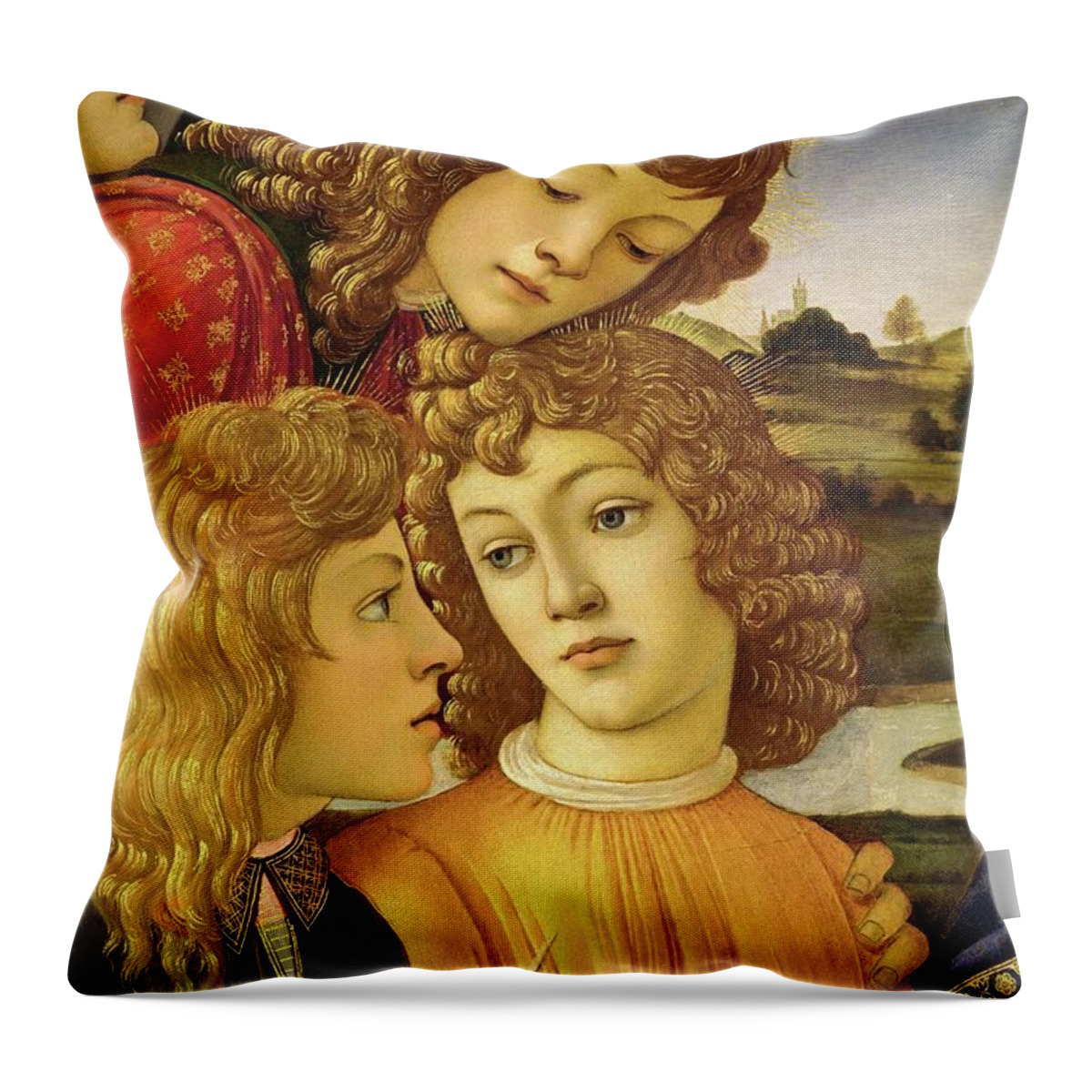 Florentine Throw Pillow featuring the painting Four angels. Detail from the Coronation of the Madonna and Child -Madonna of the Magnificat-. by Sandro Botticelli -1445-1510-