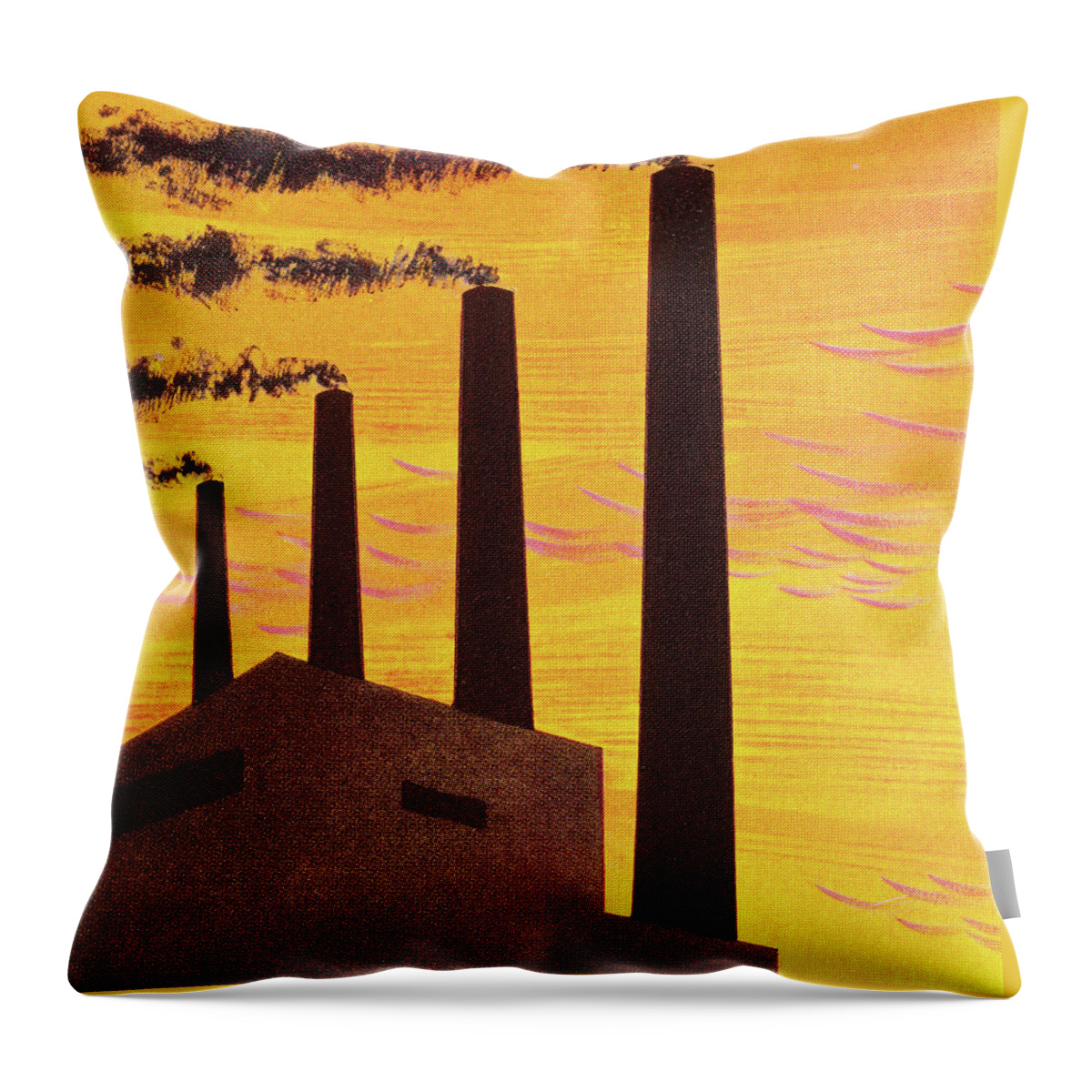 Air Quality Throw Pillow featuring the drawing Four Factory Smokestacks by CSA Images