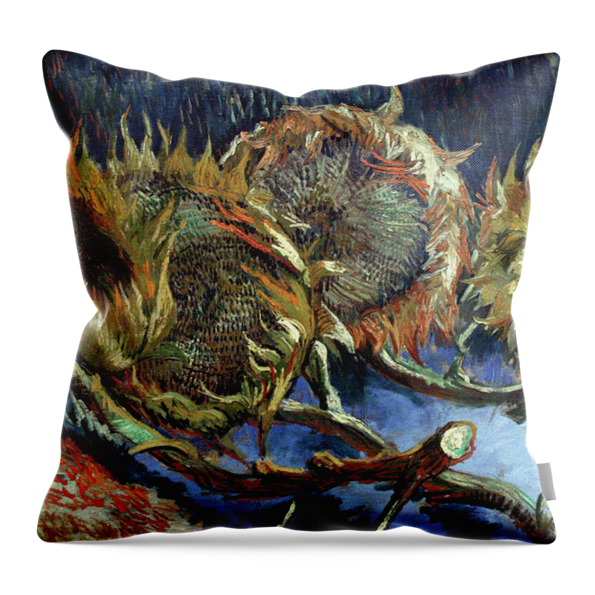 Van Gogh Throw Pillow featuring the painting Four Sunflowers gone to Seed by Van Gogh by Vincent Van Gogh