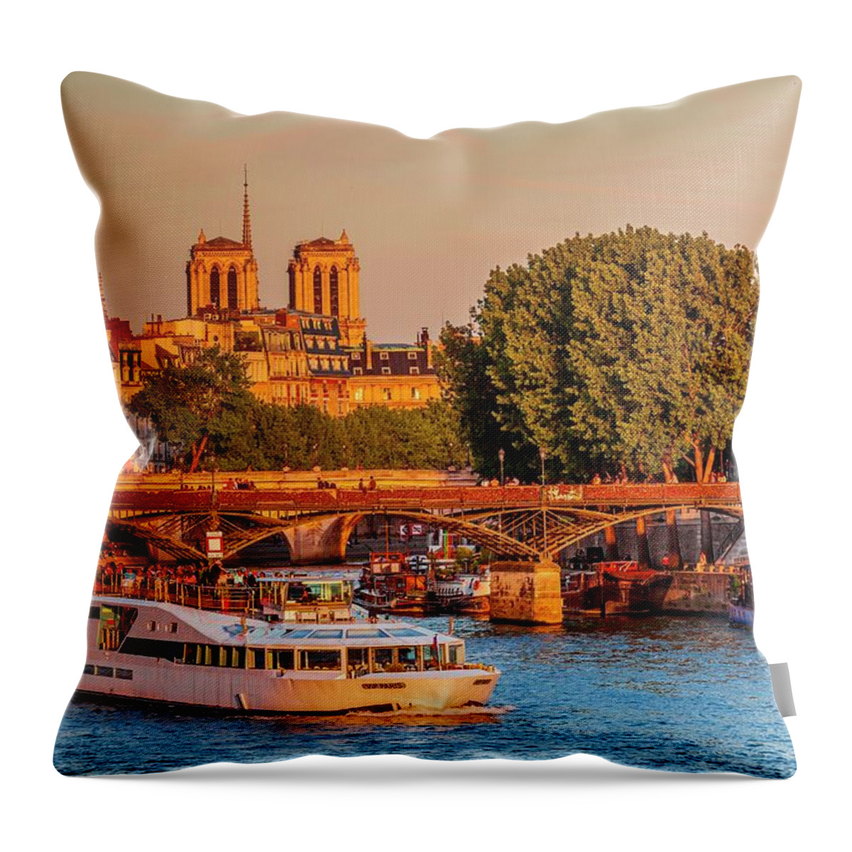 Estock Throw Pillow featuring the digital art France, Ile-de-france, Seine, Paris, Louvre, Vendome, Pont Des Arts, Pont Des Arts, Notre Dame De Paris In The Background by Alessandro Saffo