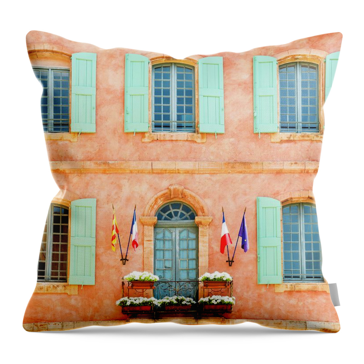 Estock Throw Pillow featuring the digital art France, Provence-alpes-cote D'azur, Luberon Regional Nature Park, Roussillon, Town Hall Facade by Jordan Banks