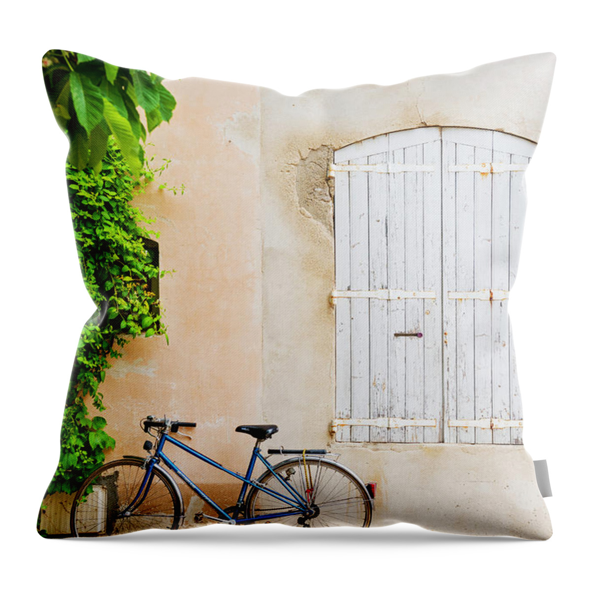 Estock Throw Pillow featuring the digital art France, Provence-alpes-cote D'azur, Saint-remy-de-provence, Bicycle And Shuttered Window by Jordan Banks