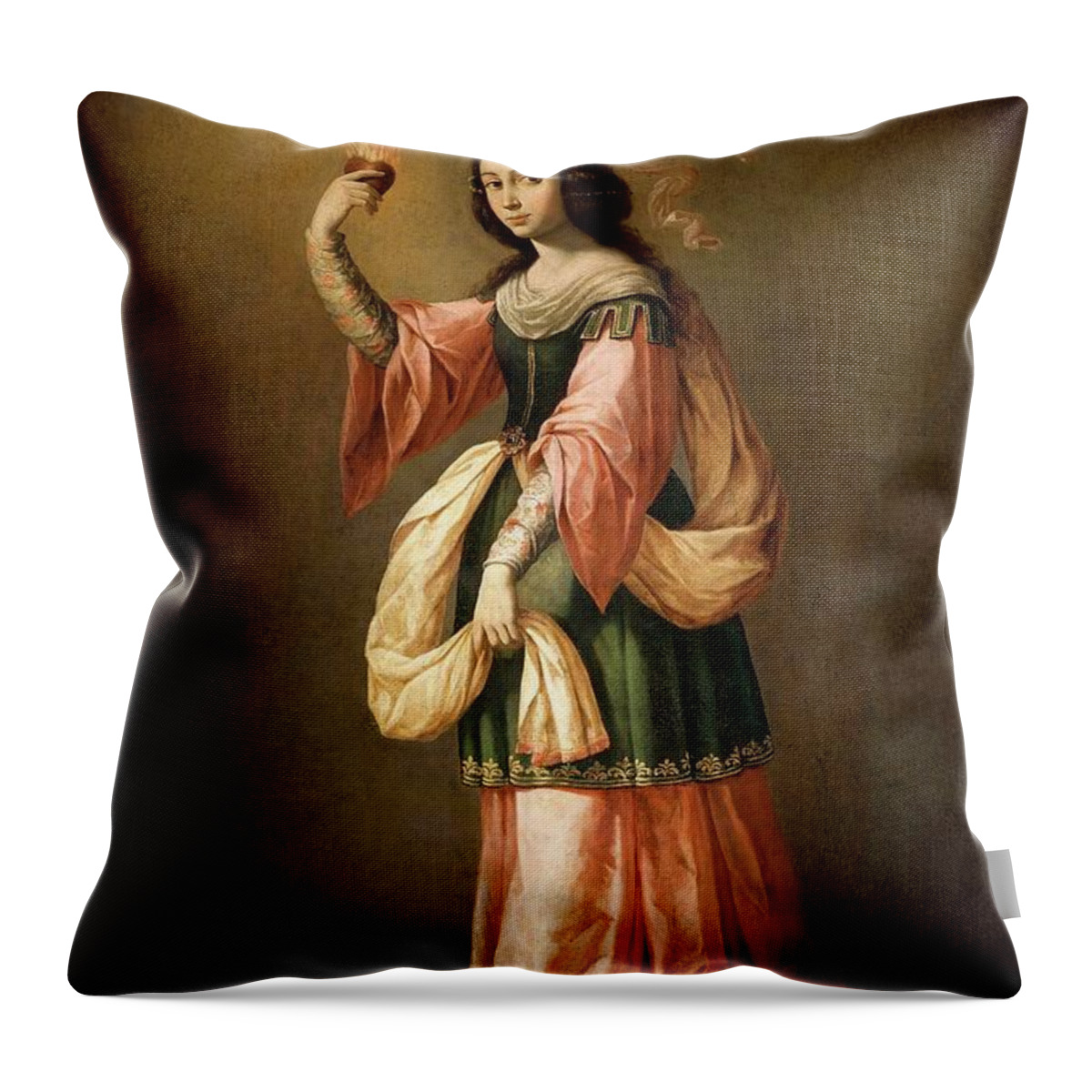 Allegory Of Charity Throw Pillow featuring the painting Francisco de Zurbaran / 'Allegory of Charity', ca. 1655, Spanish School. by Francisco de Zurbaran -c 1598-1664-