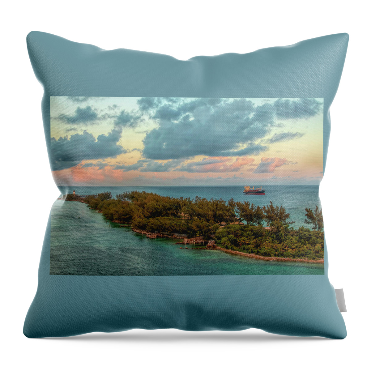 Lighthouse Throw Pillow featuring the photograph Freighter Off Paradise Island by Kristia Adams