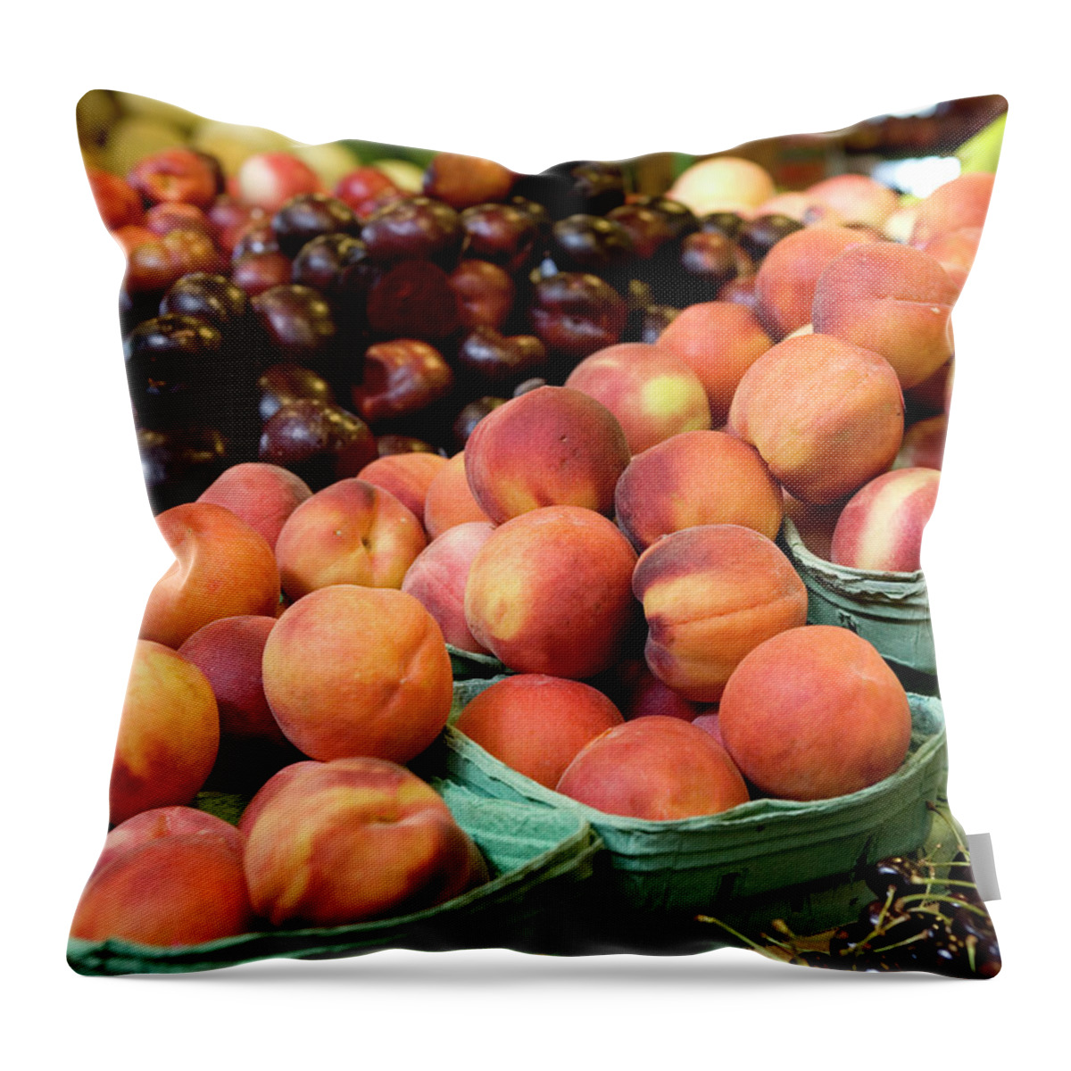 Cherry Throw Pillow featuring the photograph Fresh Peaches At Organic Market by Lillisphotography