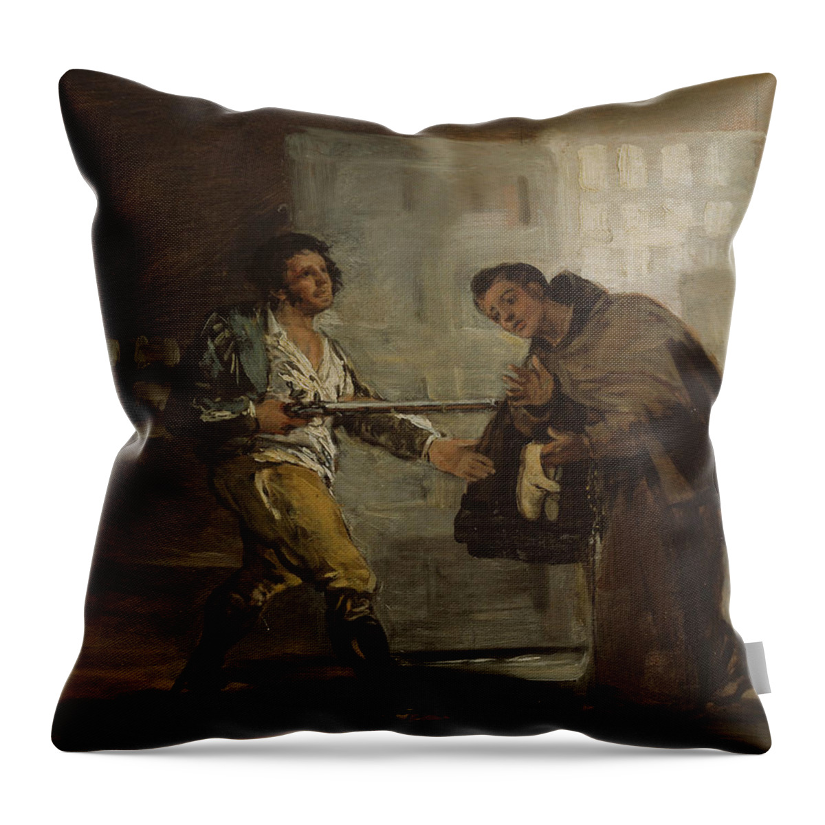 19th Century Art Throw Pillow featuring the painting Friar Pedro Offers Shoes to El Maragato and Prepares to Push Aside His Gun by Francisco Goya