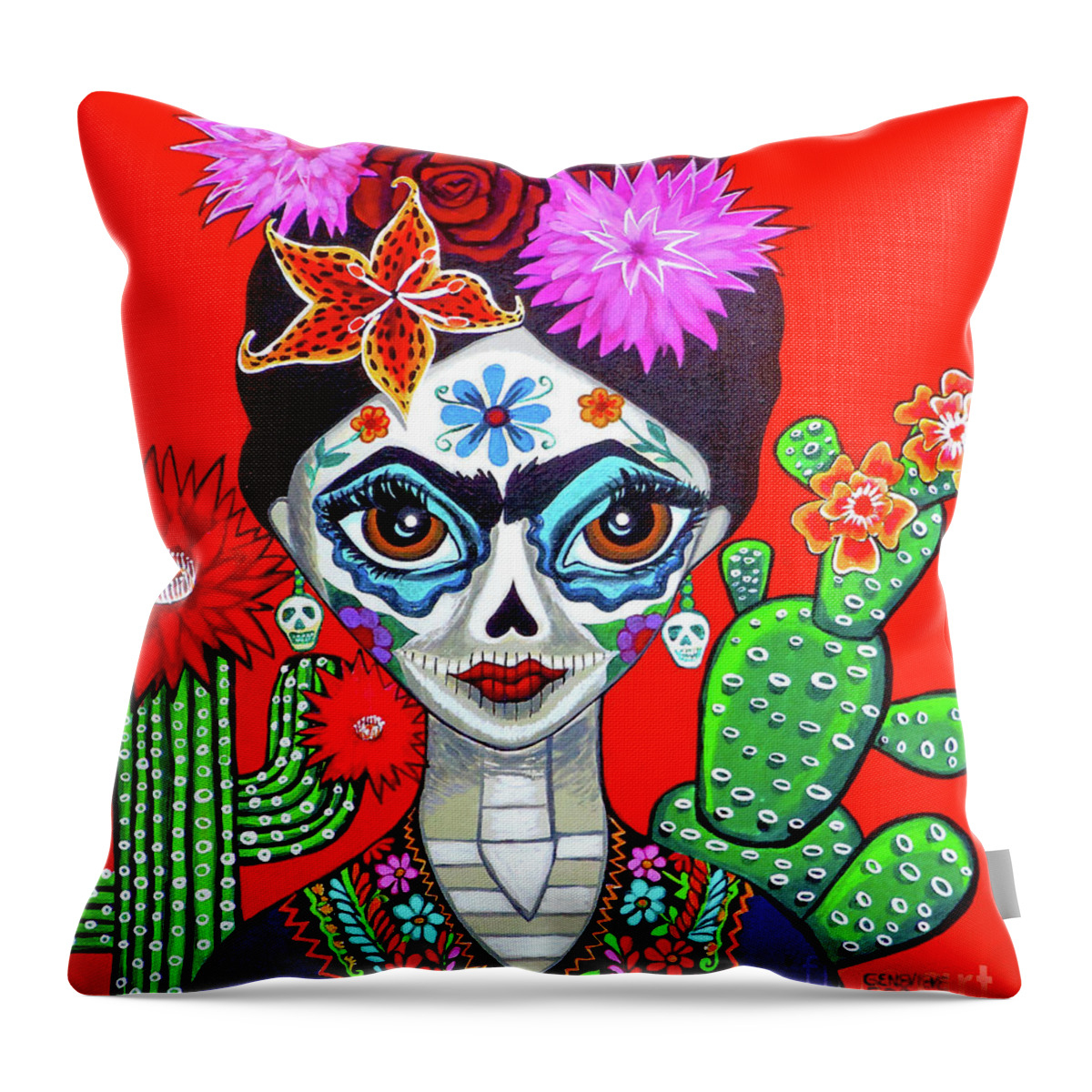 Frida Kahlo Throw Pillow featuring the painting Frida Kahlo Dia De Los Muertos Portrait by Genevieve Esson