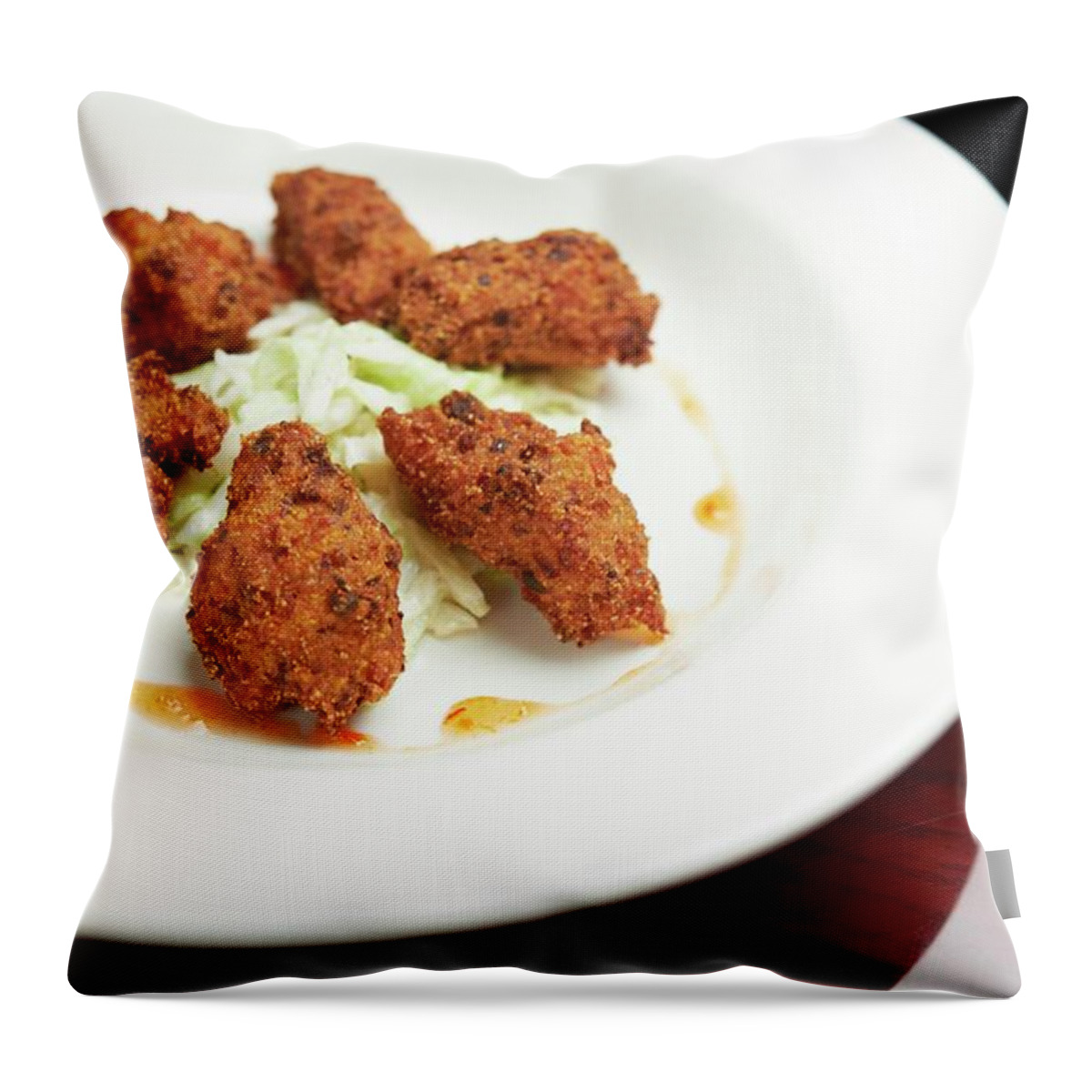 Ip_11180253 Throw Pillow featuring the photograph Fried Alligator Nuggets With Louisiana Hot Sauce And Slaw by Rannells, Greg