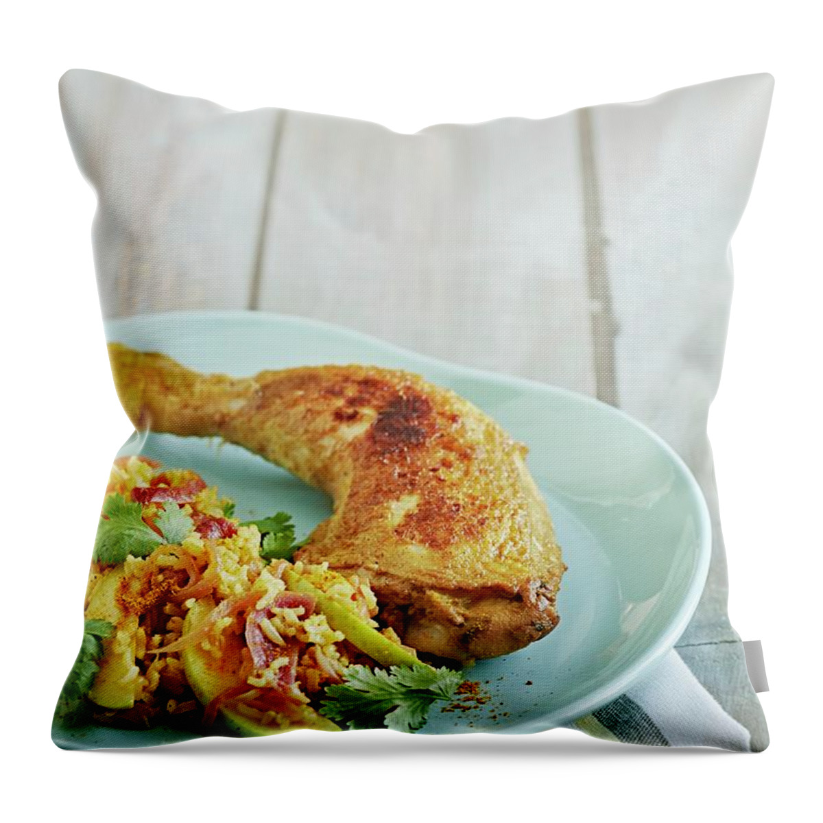 Ip_11418692 Throw Pillow featuring the photograph Fried Rice With Curry And Apple Served With A Chicken Leg by Martin Dyrlv
