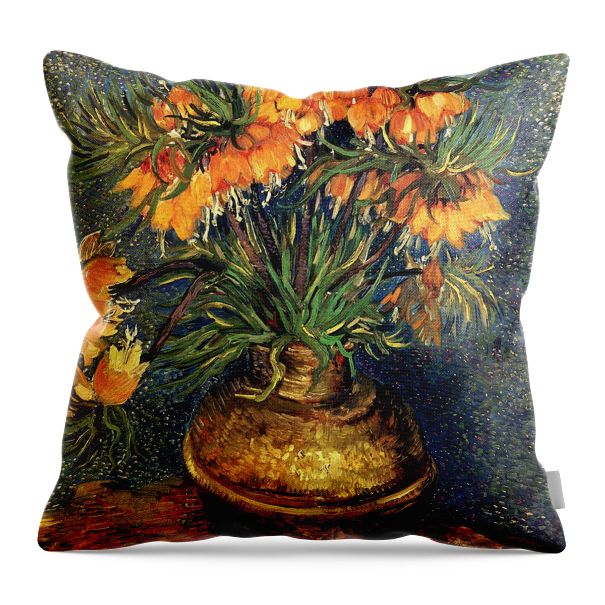 Holland Throw Pillow featuring the painting Fritillaries in a Copper Vase by 
