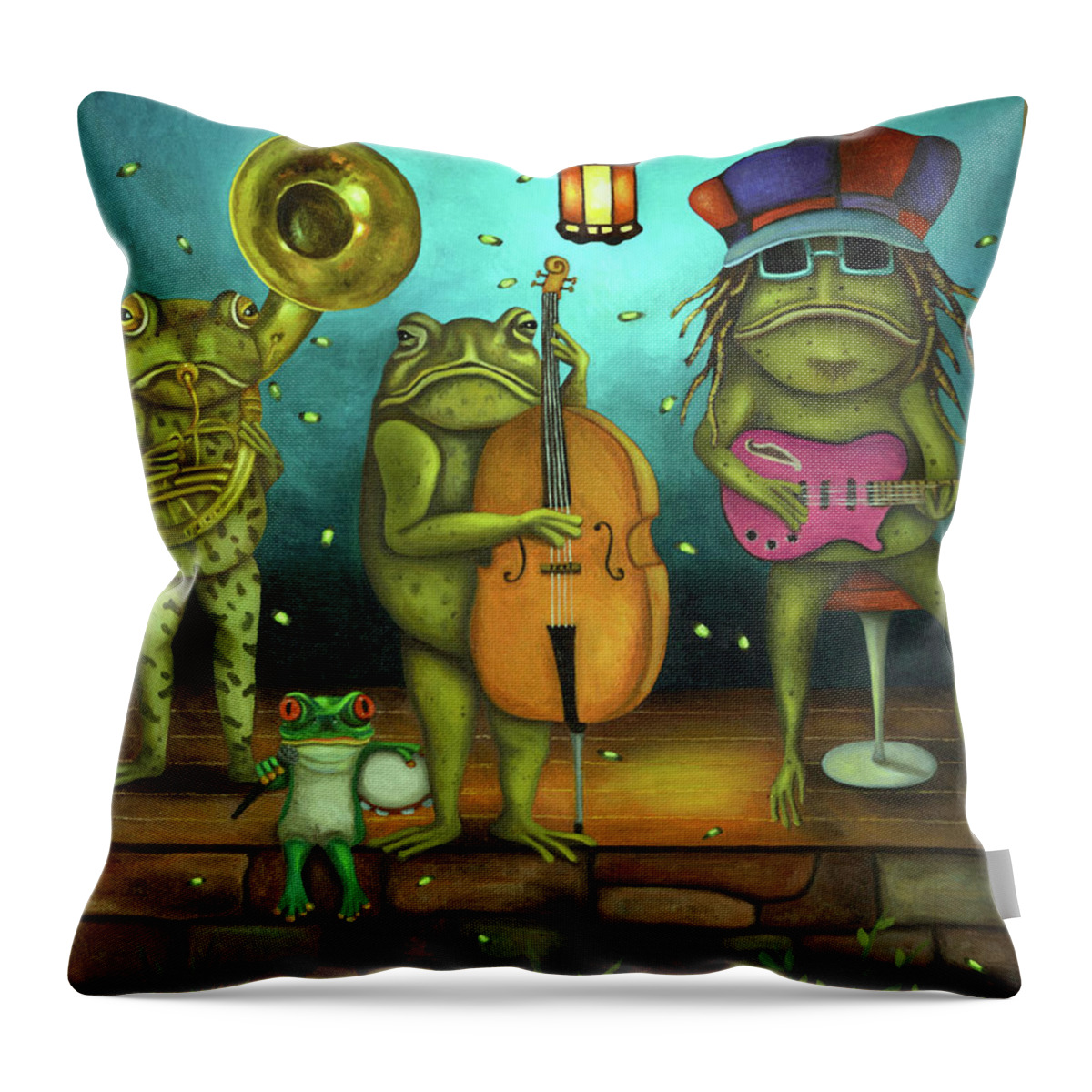 Frog Throw Pillow featuring the painting Frog Music by Leah Saulnier The Painting Maniac