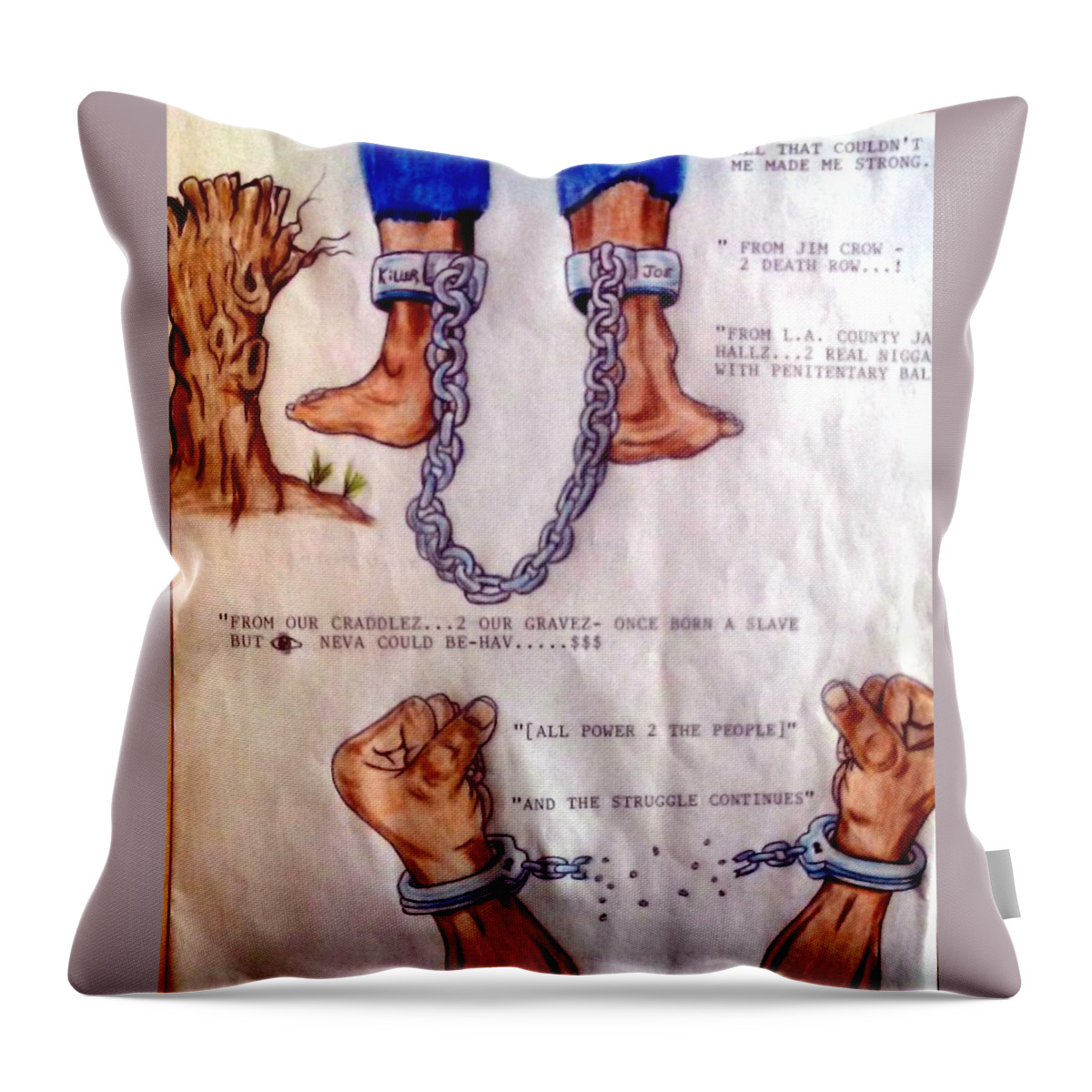 Blak Art Throw Pillow featuring the drawing from Jim Crow to death row by Joedee