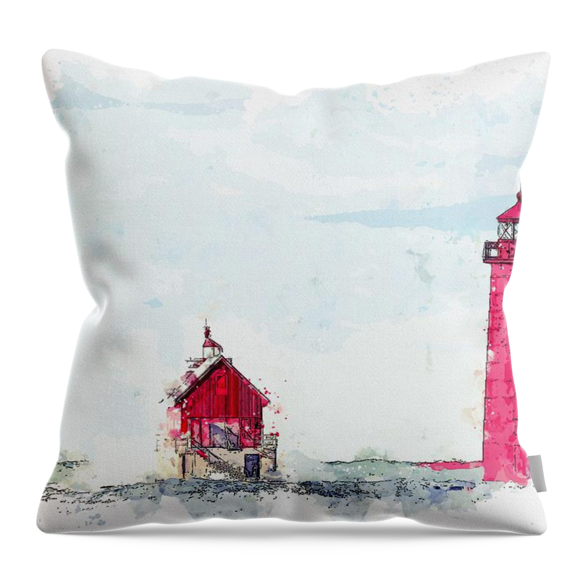 Frozen Throw Pillow featuring the painting Frozen Red Lighthouse - watercolor by Adam Asar by Celestial Images