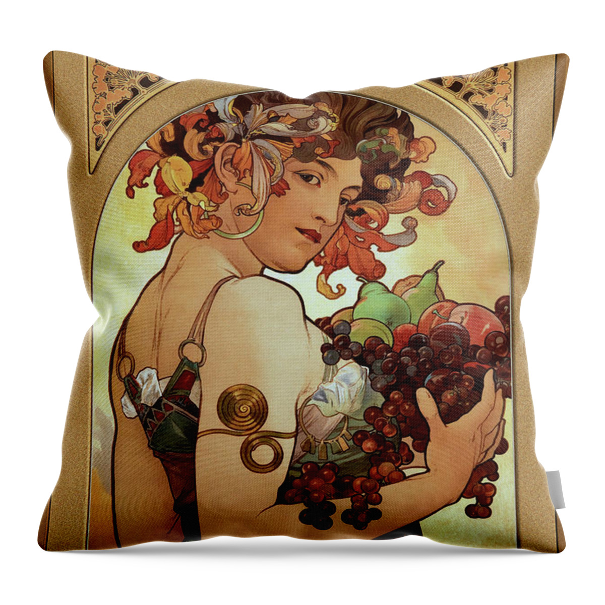 Fruit Throw Pillow featuring the painting Fruit by Alphonse Mucha by Rolando Burbon