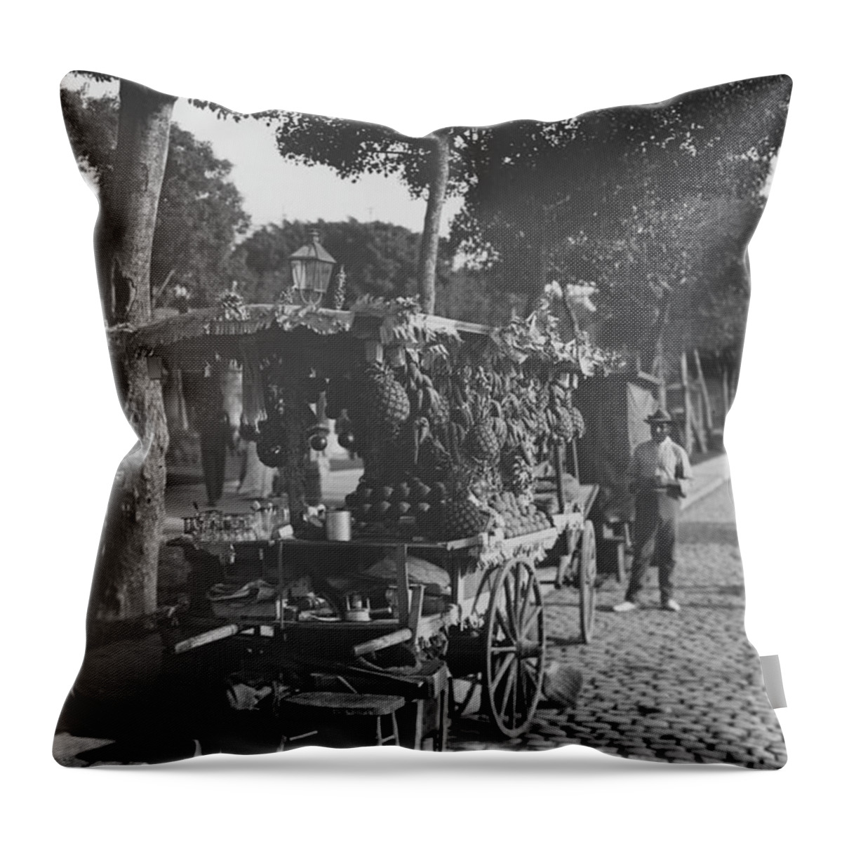 Vendors Throw Pillow featuring the painting Fruit Stands on the Prado by 