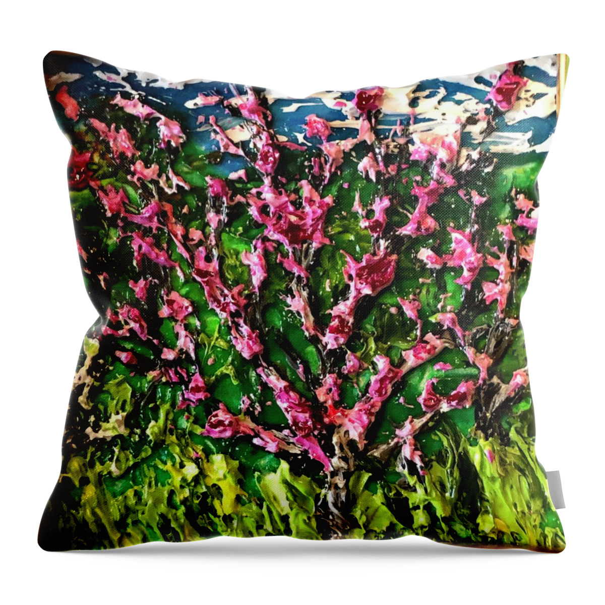 Throw Pillow featuring the painting Peach Trees in the Garden by Julene Franki