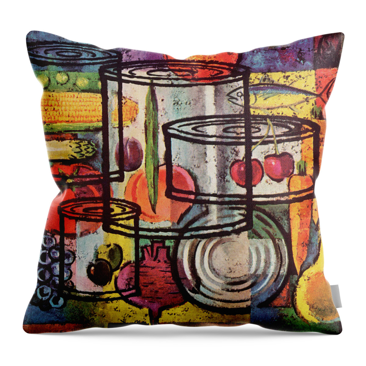 Campy Throw Pillow featuring the drawing Fruits and Vegetable Cans by CSA Images