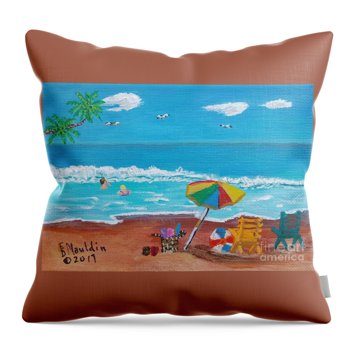 Beach Throw Pillow featuring the painting Fun at the Beach by Elizabeth Mauldin