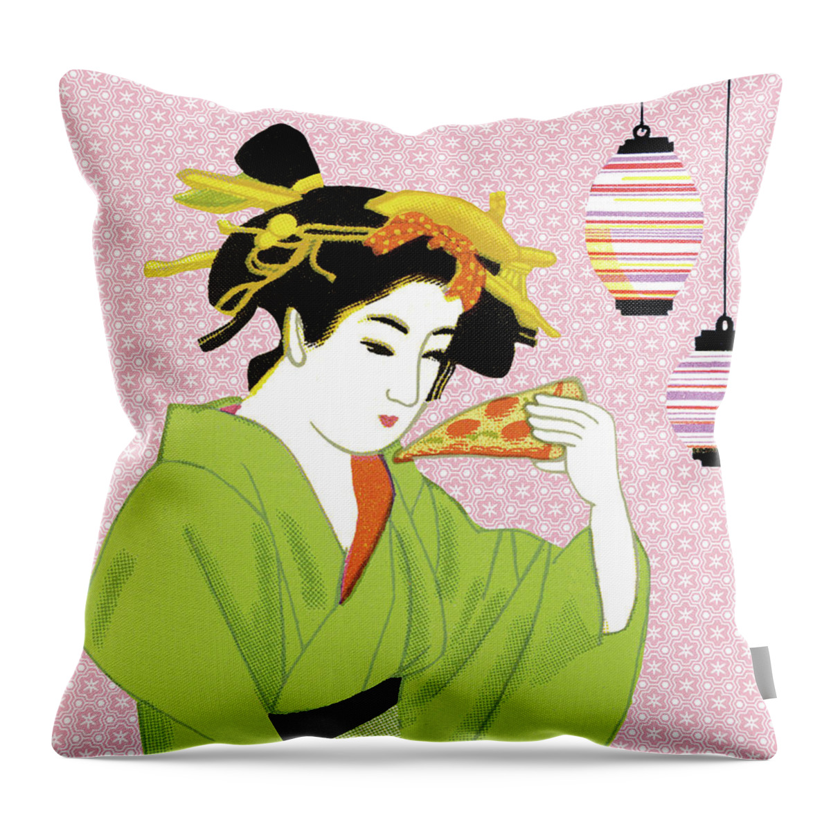 Adult Throw Pillow featuring the drawing Geisha Eating Pizza by CSA Images