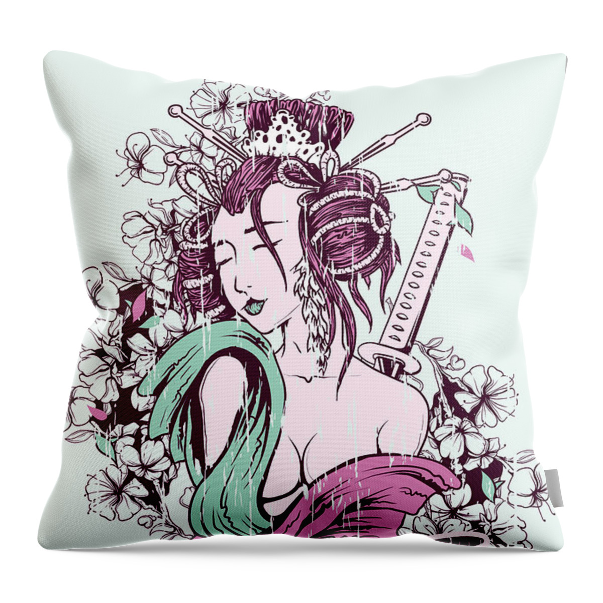 Geisha Throw Pillow featuring the painting Geisha mint green and pink by Designious and Matthias Hauser