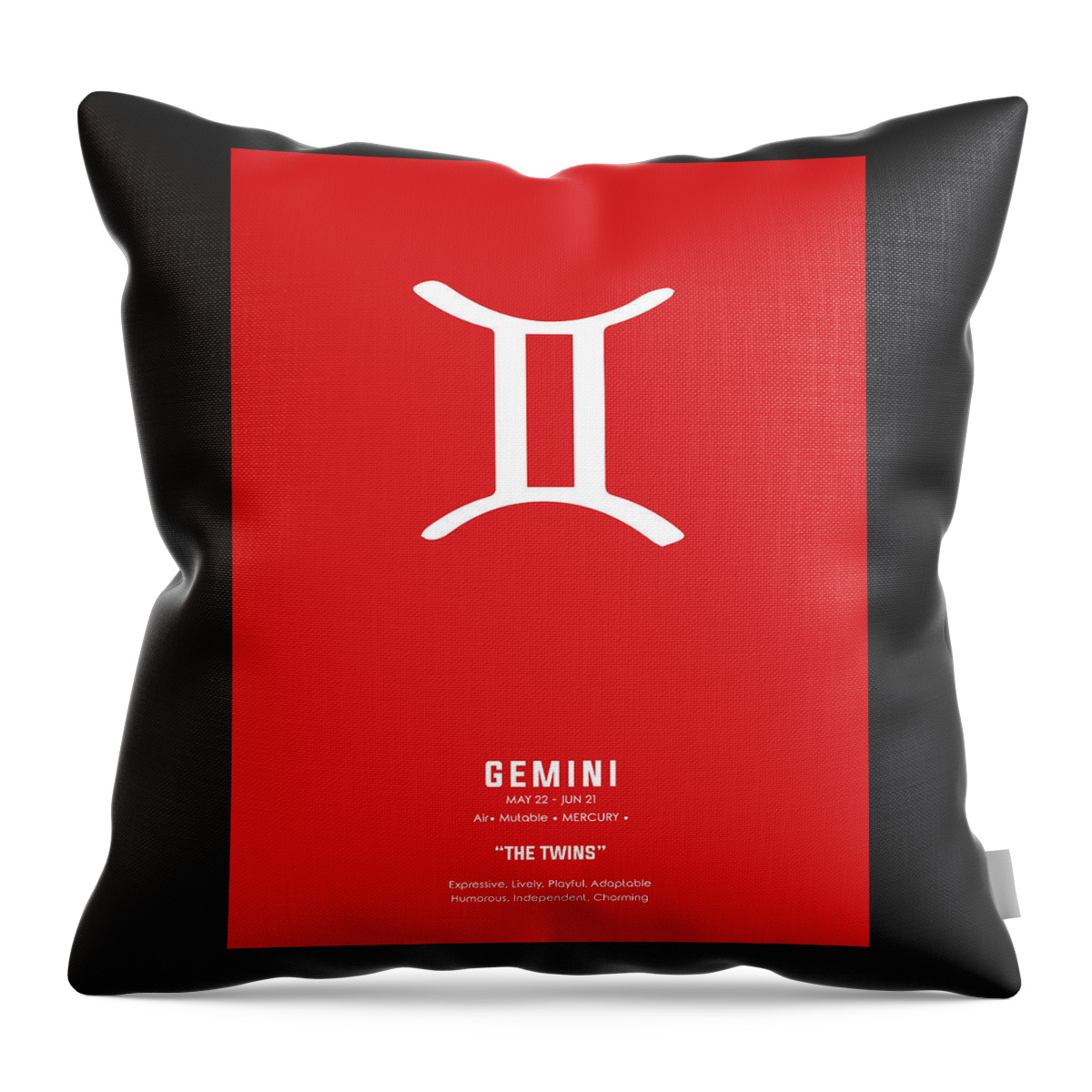 Gemini Throw Pillow featuring the mixed media Gemini Print - Zodiac Signs Print - Zodiac Posters - Gemini Poster - Red and White - Gemini Traits by Studio Grafiikka