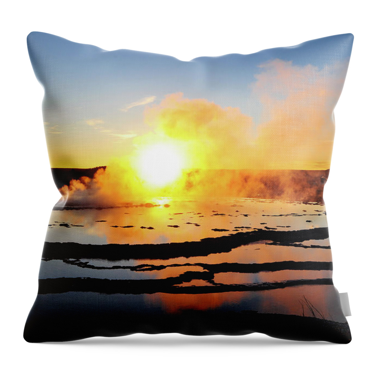 Geyser Throw Pillow featuring the photograph Geyser Smoke At Sunset by Piriya Photography