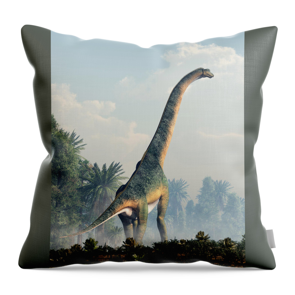 Brachiosaurus Throw Pillow featuring the digital art Giant Sauropod Walking Away by Daniel Eskridge