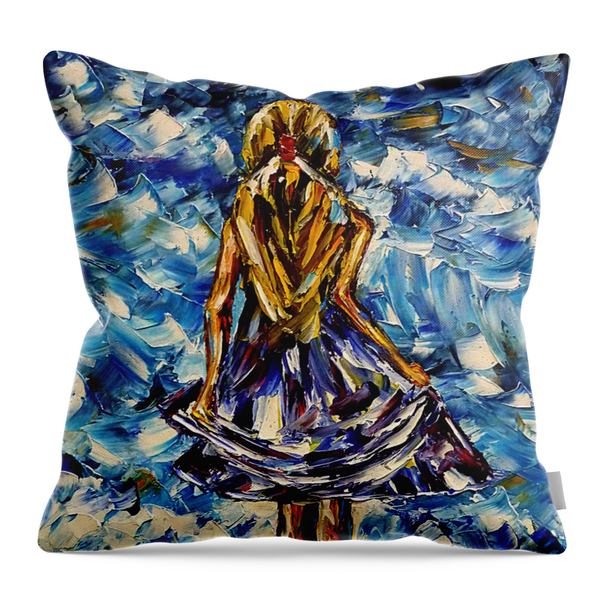 Beach Scene Throw Pillow featuring the painting Girl On The Beach by Mirek Kuzniar