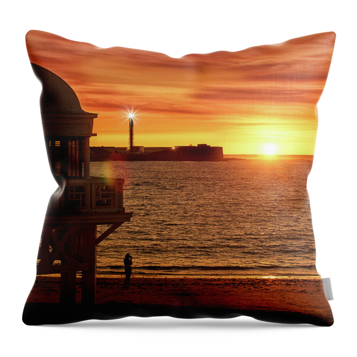 Outdoors Throw Pillow featuring the photograph Girl Photographing Sunset at La Caleta Spa by Pablo Avanzini