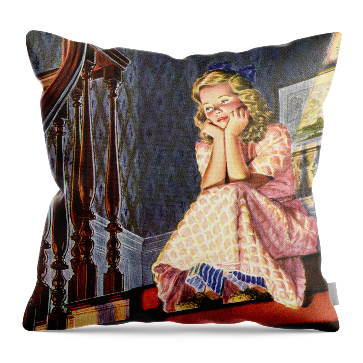 Bathrobe Throw Pillow featuring the drawing Girl Sitting at the Top of the Stairs by CSA Images