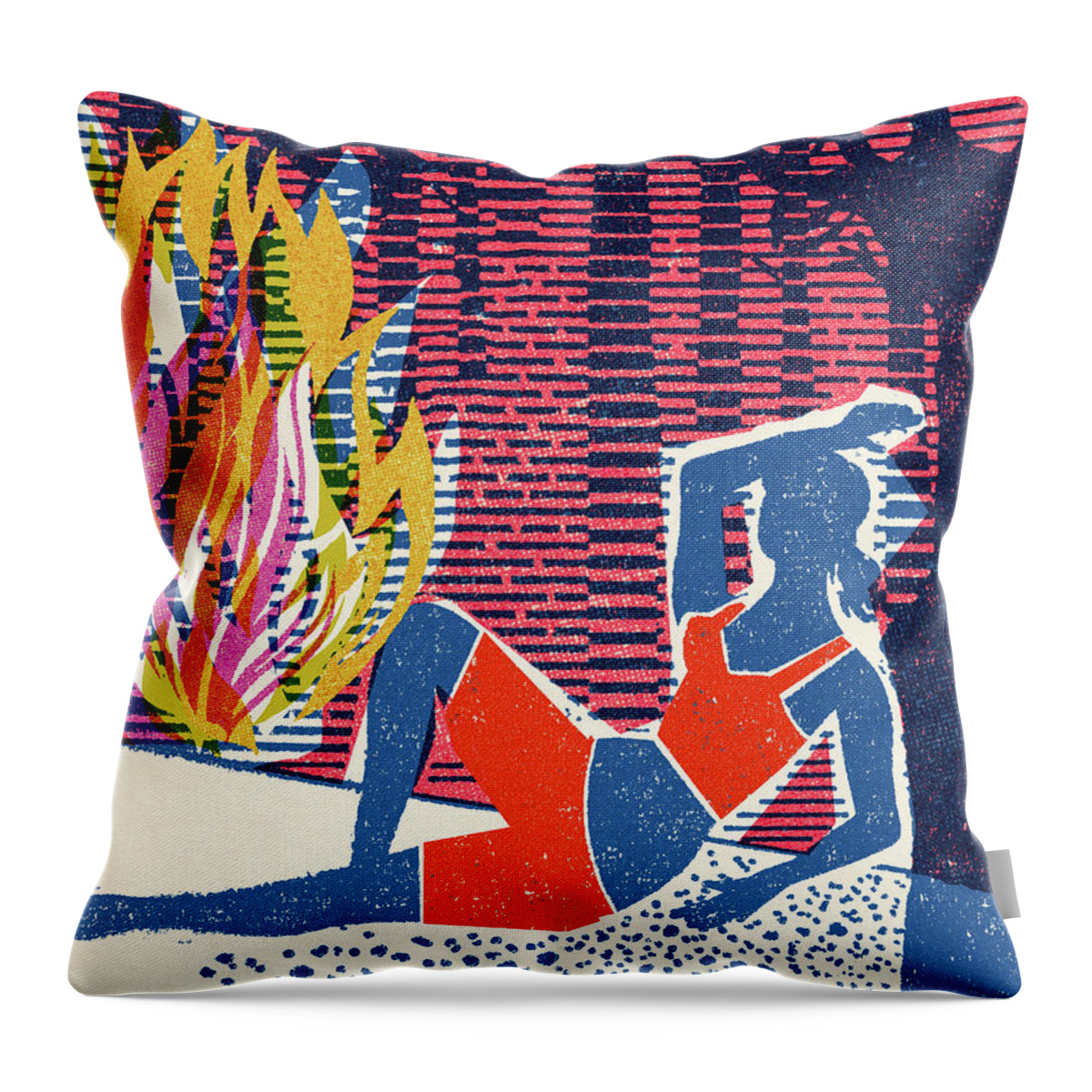 Blaze Throw Pillow featuring the drawing Girl Sitting By a Tree and Fire by CSA Images