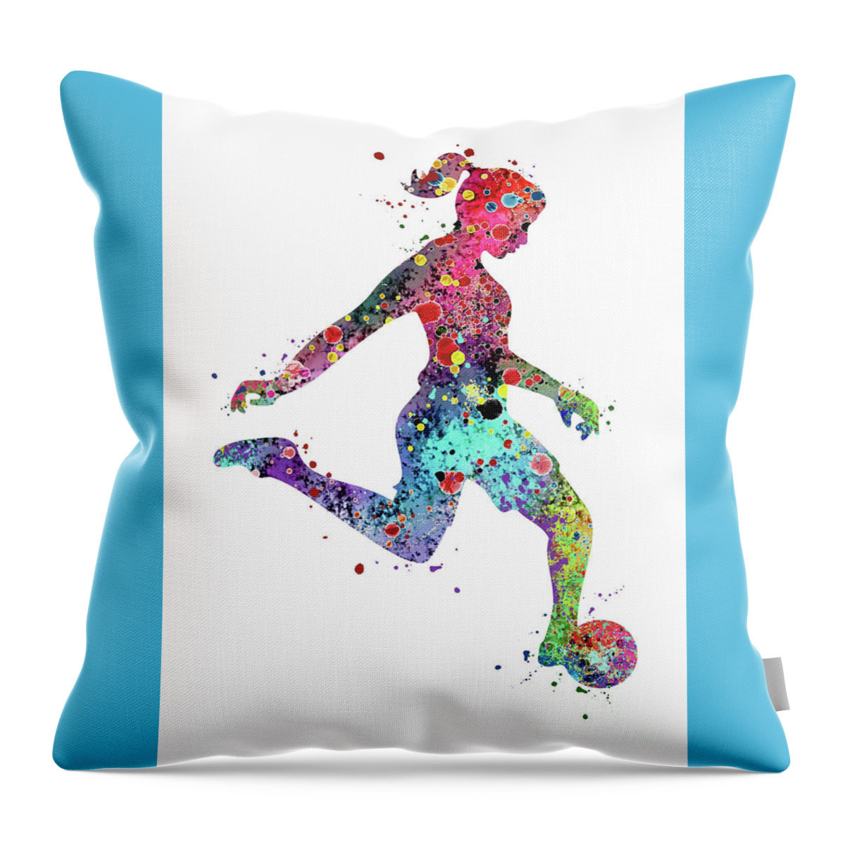 Girl Soccer Player Throw Pillow featuring the digital art Girl Soccer Player Watercolor Print by White Lotus