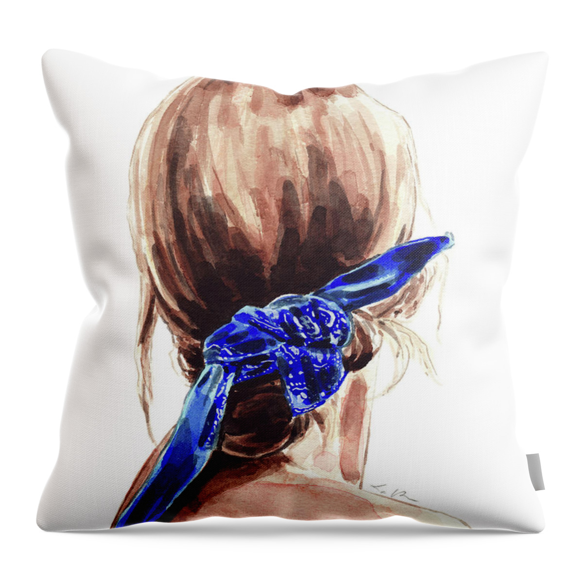 Girl Throw Pillow featuring the painting Girl with Blue Bandana Hair Bun by Laura Row