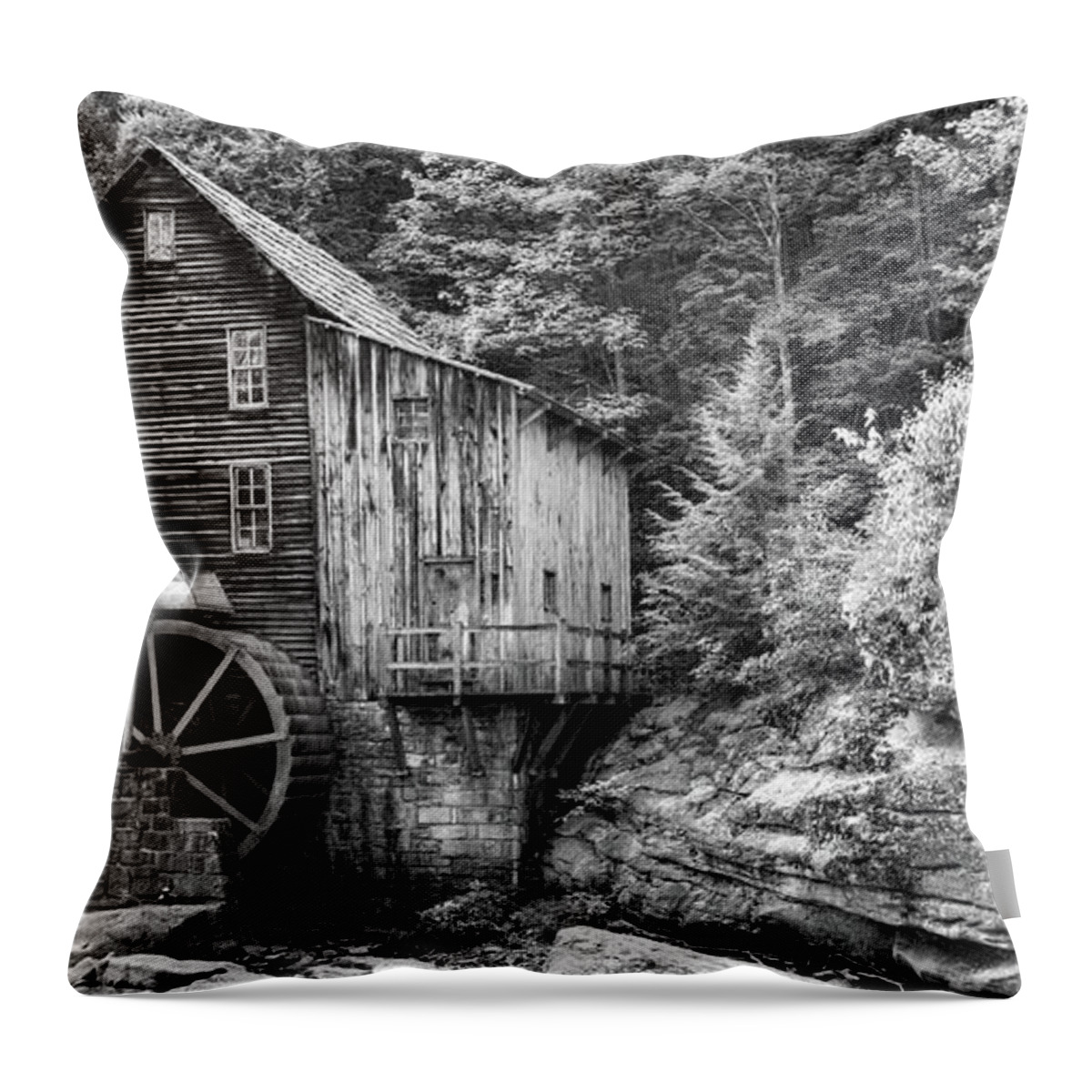 America Throw Pillow featuring the photograph Glade Creek Grist Mill Monochrome Panorama - West Virginia by Gregory Ballos