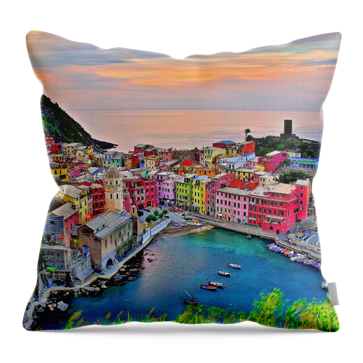 Vernazza Throw Pillow featuring the photograph Glorious Sunrise behind Vernazza by Frozen in Time Fine Art Photography