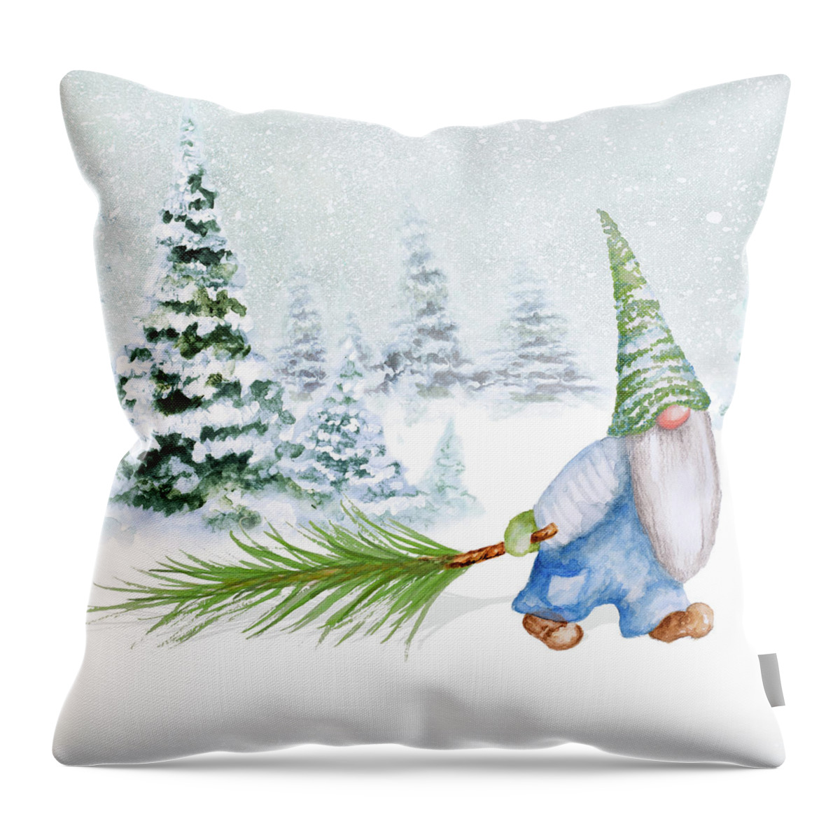 Gnome Throw Pillow featuring the mixed media Gnomes On Winter Holiday I by Janice Gaynor