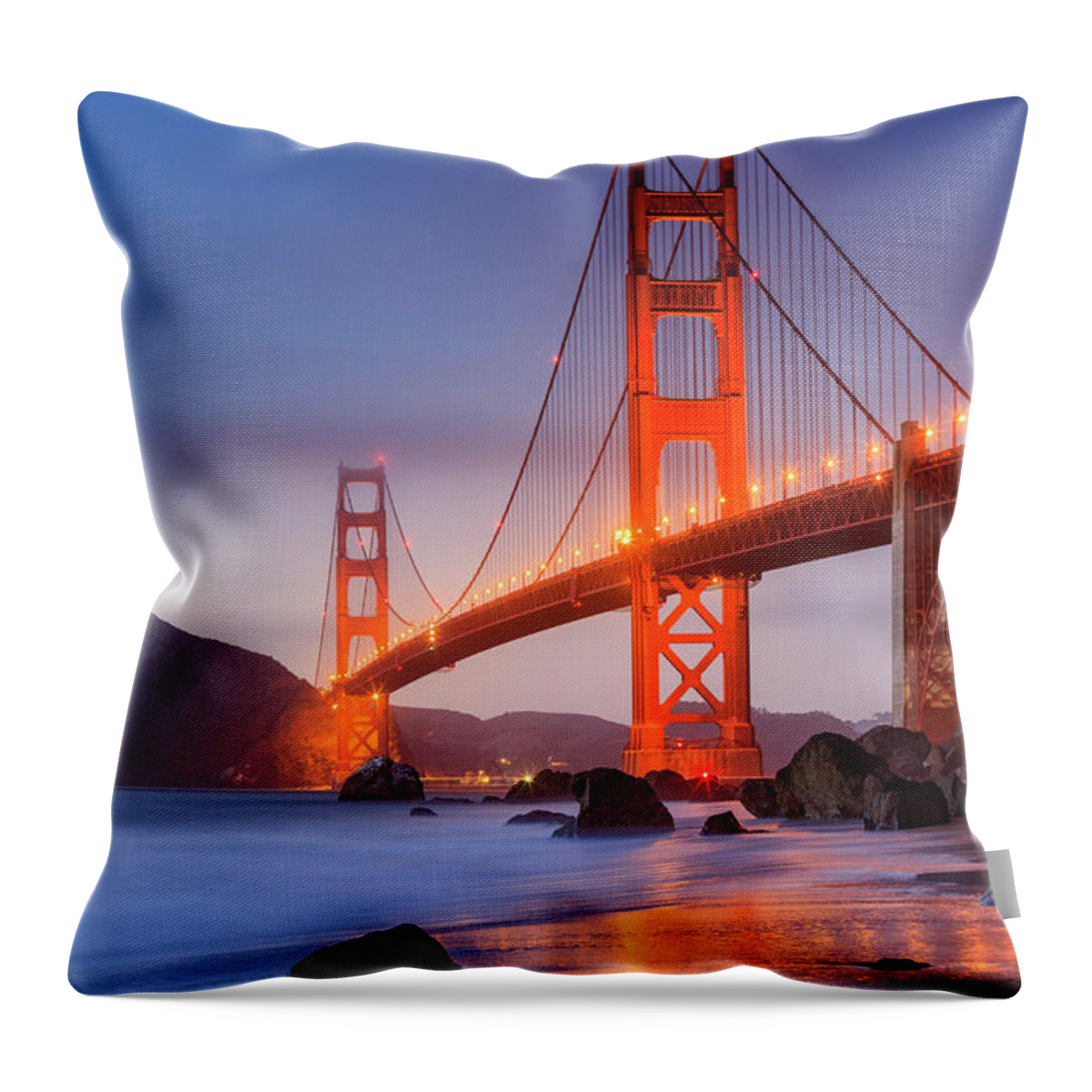 Golden Gate Bridge Throw Pillow featuring the photograph Gold and Blue by Erick Castellon