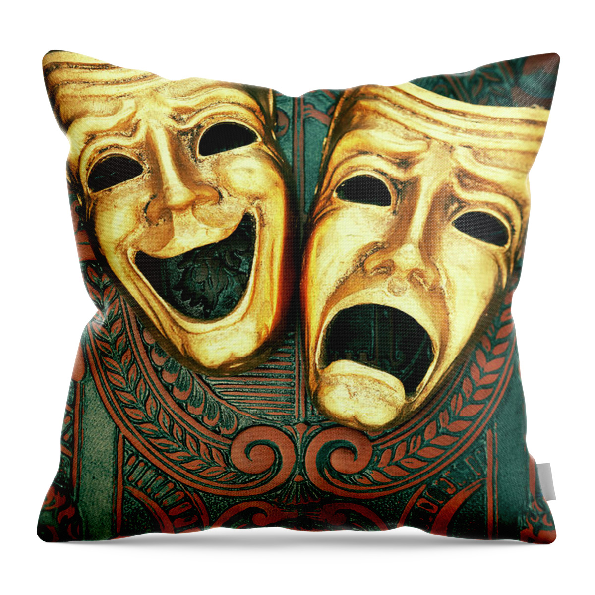 Leather Throw Pillow featuring the photograph Golden Comedy And Tragedy Masks On by David Muir