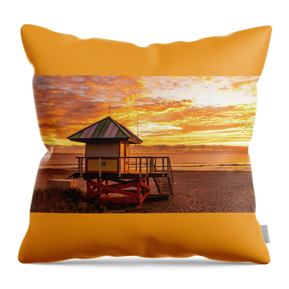 Florida Throw Pillow featuring the photograph Golden Lifeguard Station Sunrise Delray Beach Florida by Lawrence S Richardson Jr