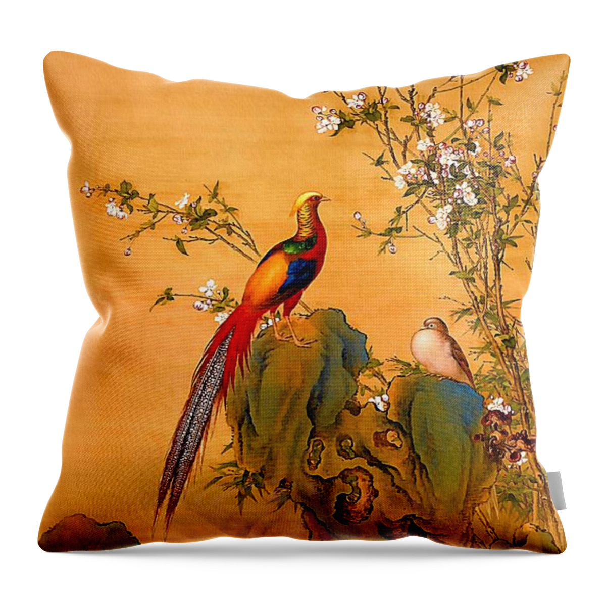 Golden Throw Pillow featuring the digital art Golden Pheasants in Spring by Ian Gledhill