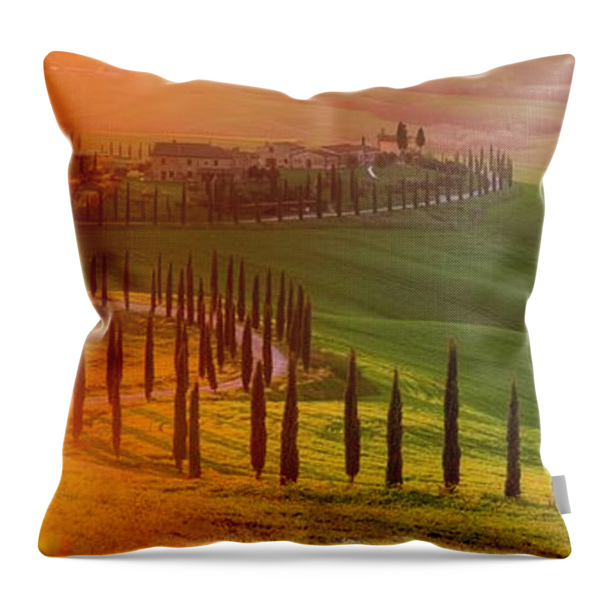Tuscany; Villa; Green; Hills; Italy; Belvedere; Val D'orcia; Cypress; Trees; Beautiful; Countryside; Sunset; Rolling; Italia; Toscana; Rob Davies; Robert Davies; Landscape; Gold; Sun; Flare; Lens Flare; Panorama; Gladiator; Location; S Shape; Road; Classic Throw Pillow featuring the photograph Golden Tuscany II by Rob Davies