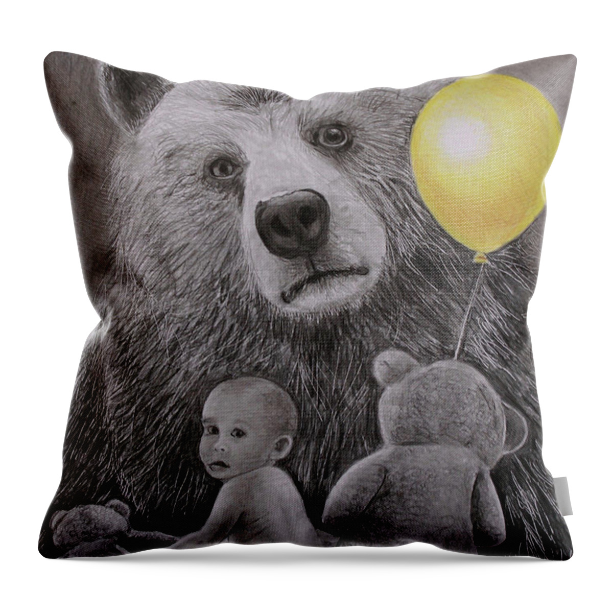 Monotone Throw Pillow featuring the drawing Goldilocks and the three bears by Tim Ernst