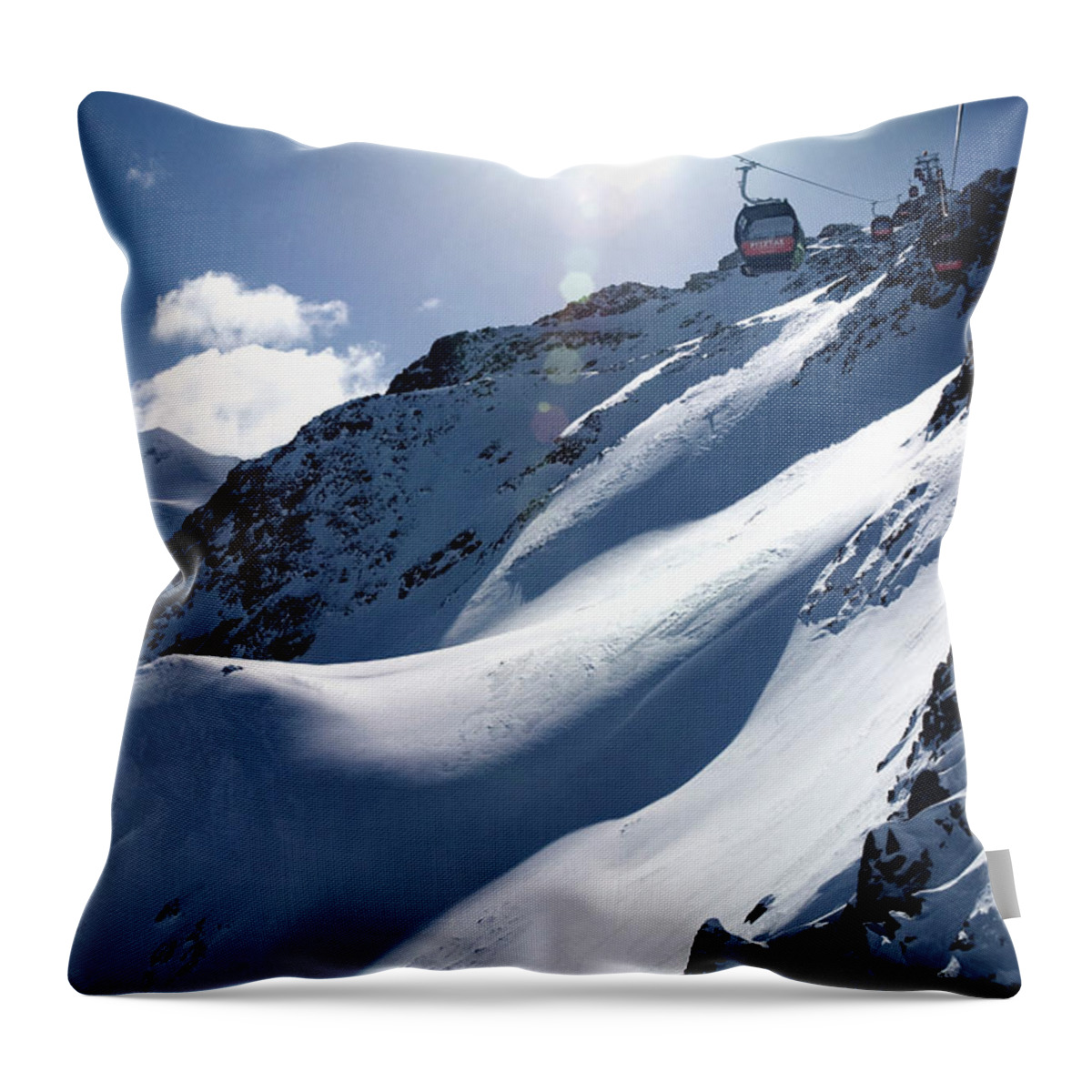 Estock Throw Pillow featuring the digital art Gondola Over Snow Covered Mountains by Sandra Raccanello