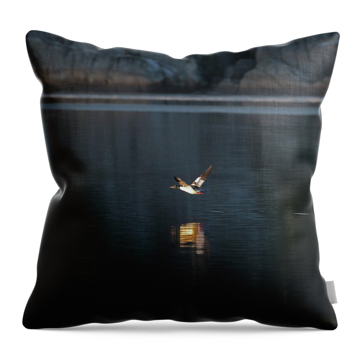 Sweden Throw Pillow featuring the pyrography Goosander by Magnus Haellquist